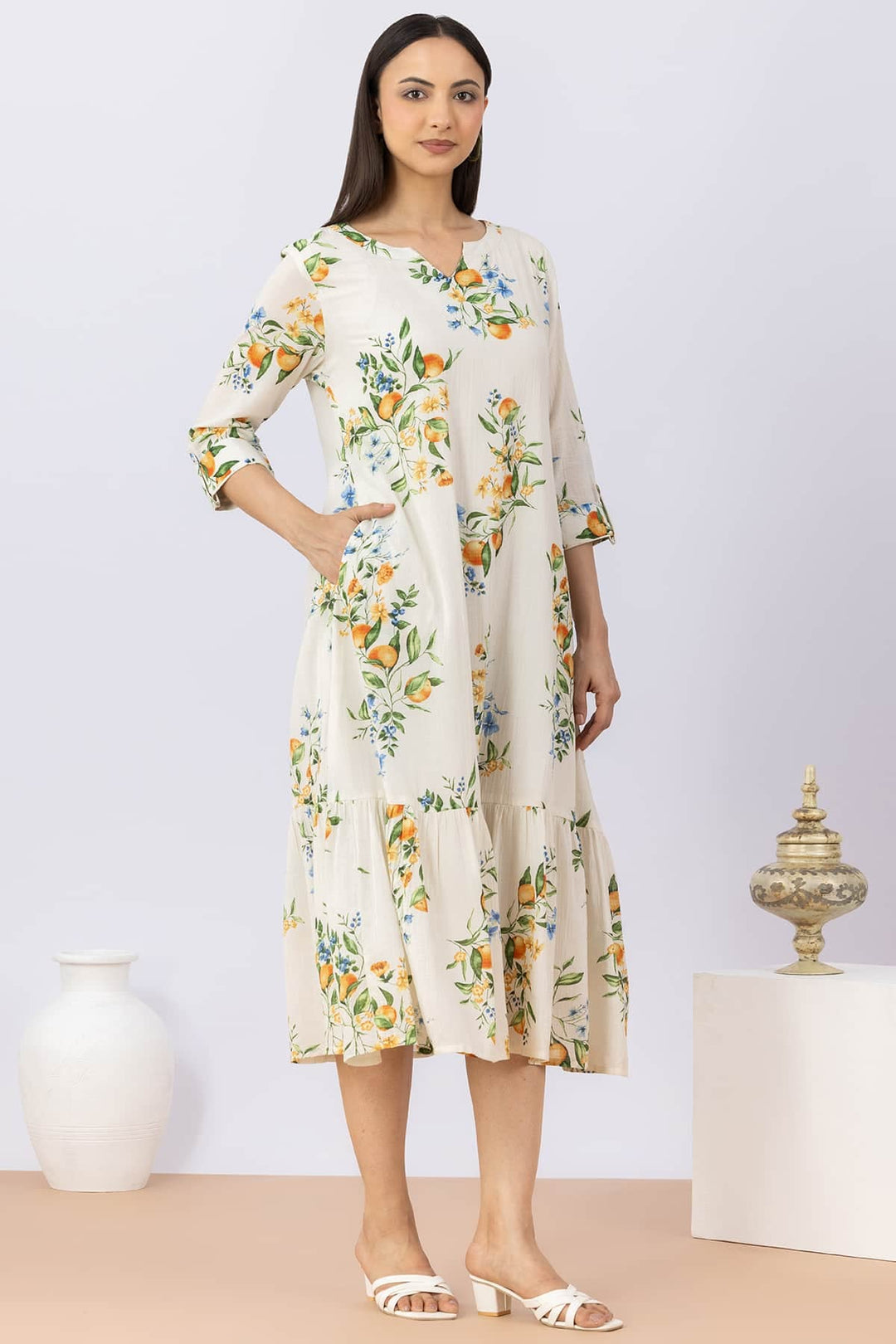Printed White Cotton Dress with Round Neck