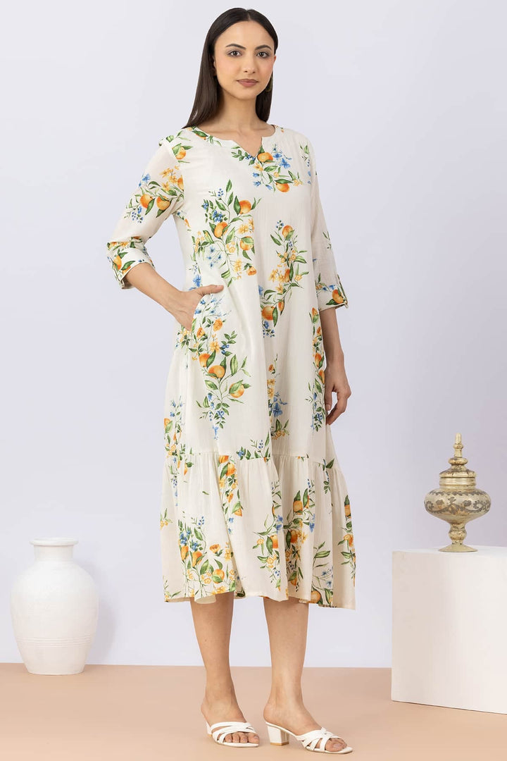 Printed White Cotton Dress with Round Neck