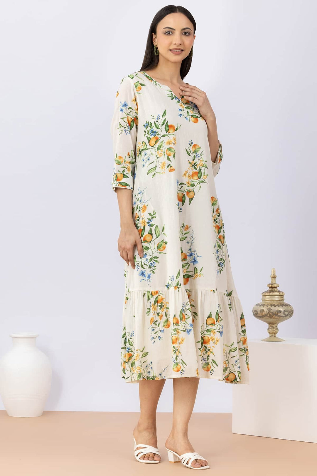 Printed White Cotton Dress with Round Neck