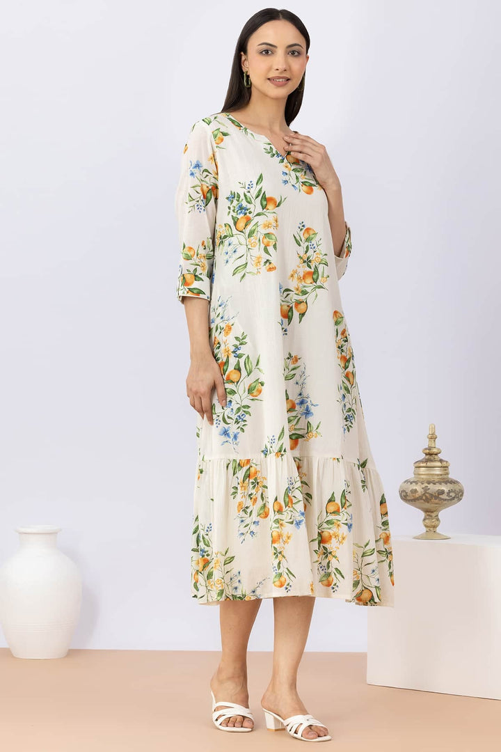 Printed White Cotton Dress with Round Neck