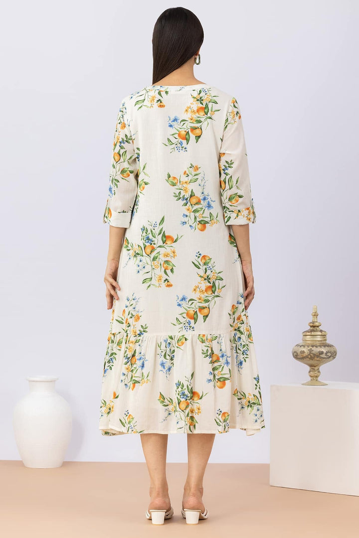 Printed White Cotton Dress with Round Neck