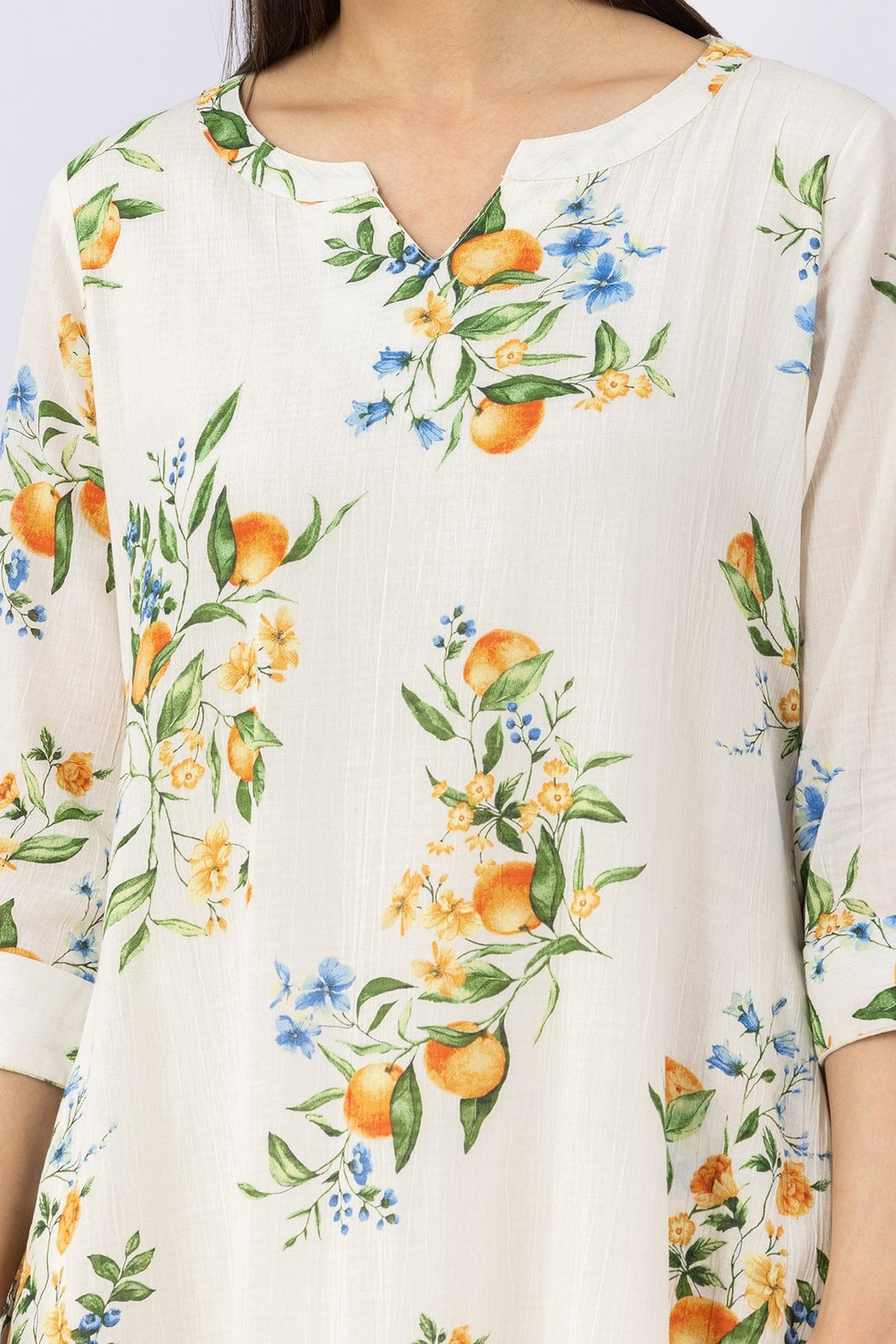 Printed White Cotton Dress with Round Neck