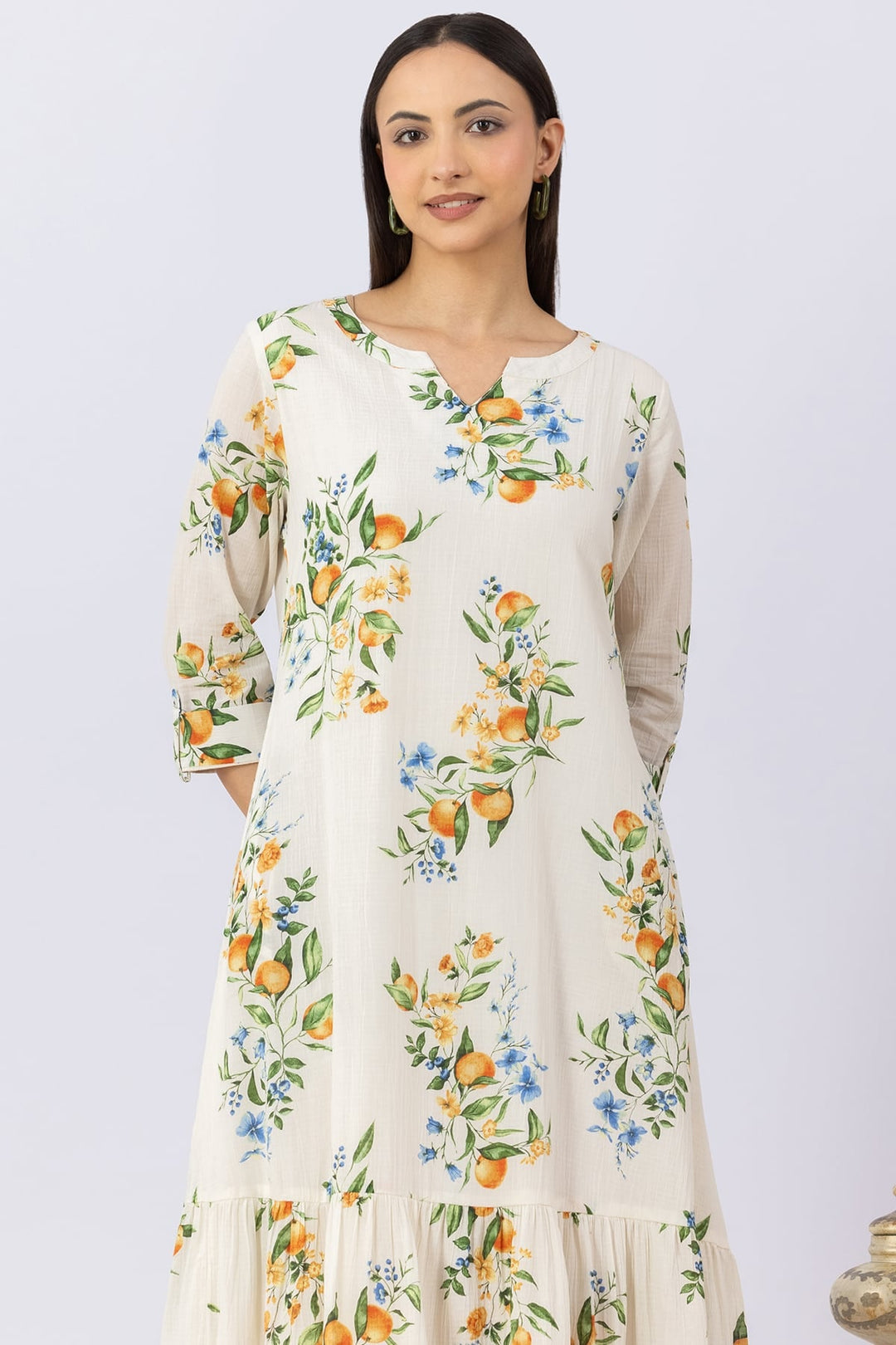 Printed White Cotton Dress with Round Neck