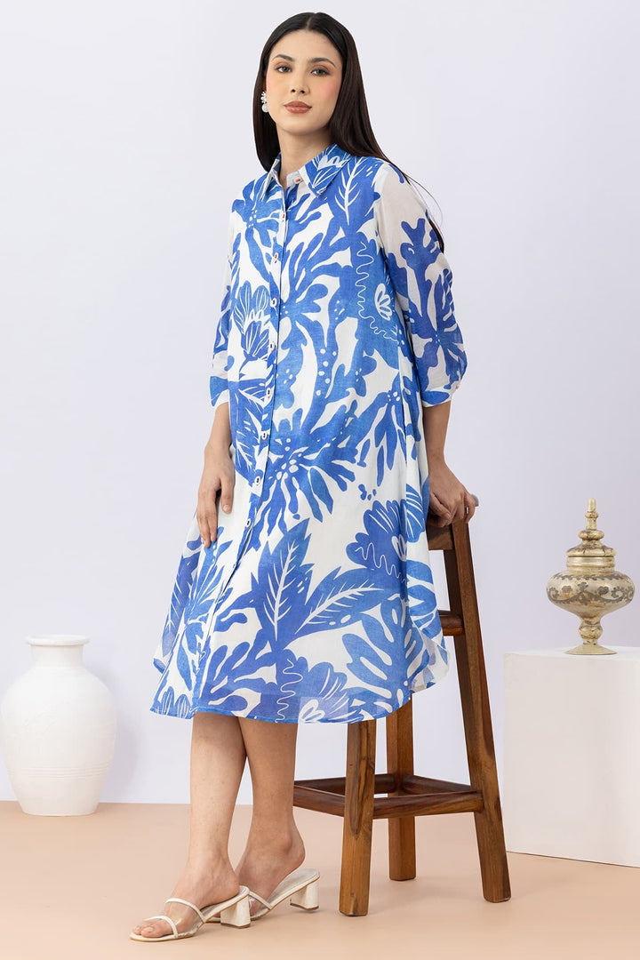 Blue Printed Cotton Dress with Collared Neck &amp; 3/4 Sleeves