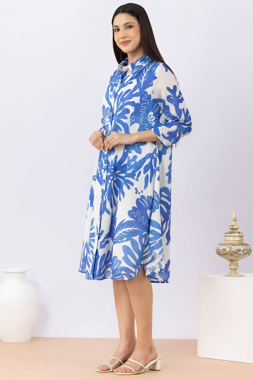 Blue Printed Cotton Dress with Collared Neck &amp; 3/4 Sleeves