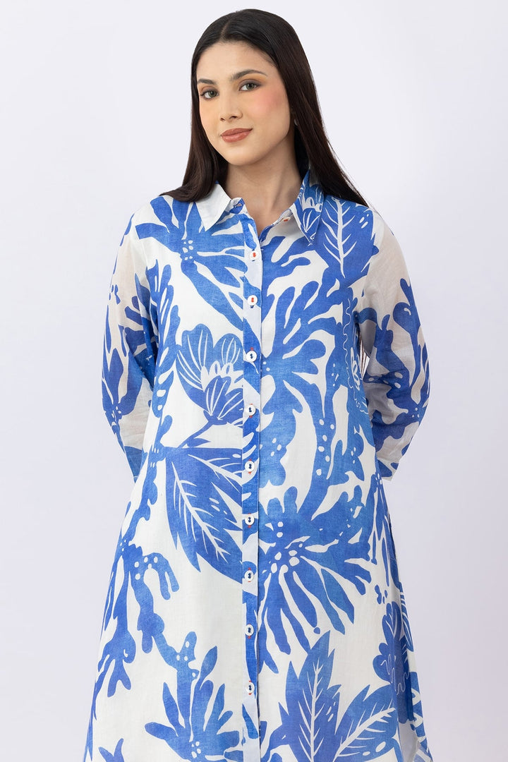 Blue Printed Cotton Dress with Collared Neck &amp; 3/4 Sleeves