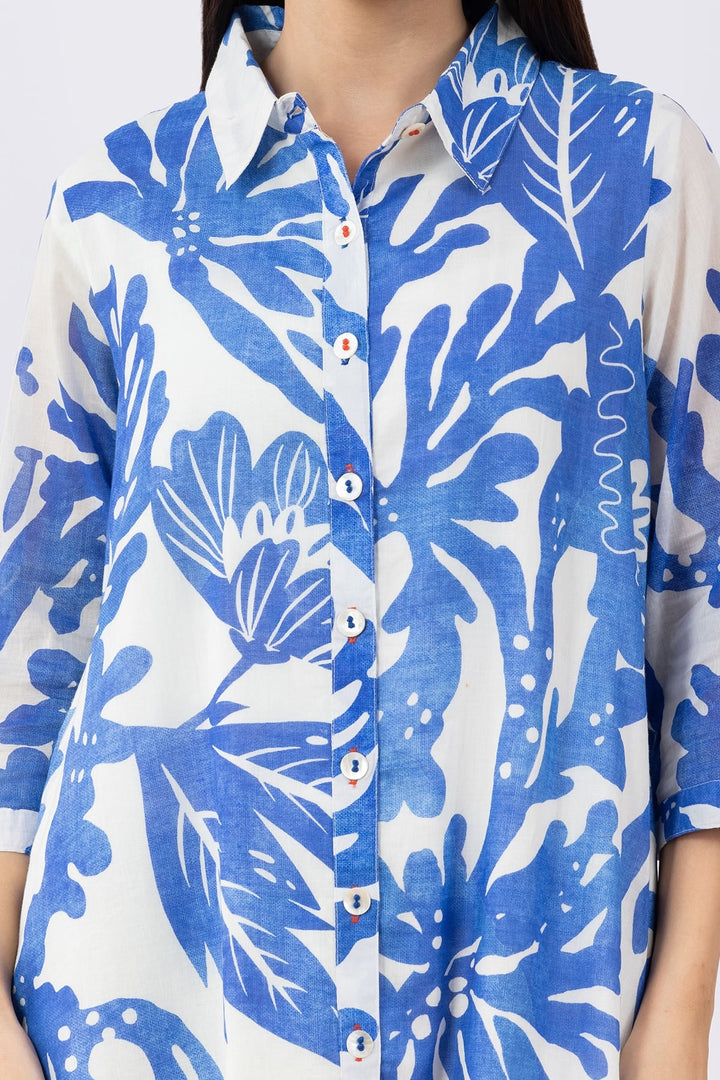 Blue Printed Cotton Dress with Collared Neck &amp; 3/4 Sleeves