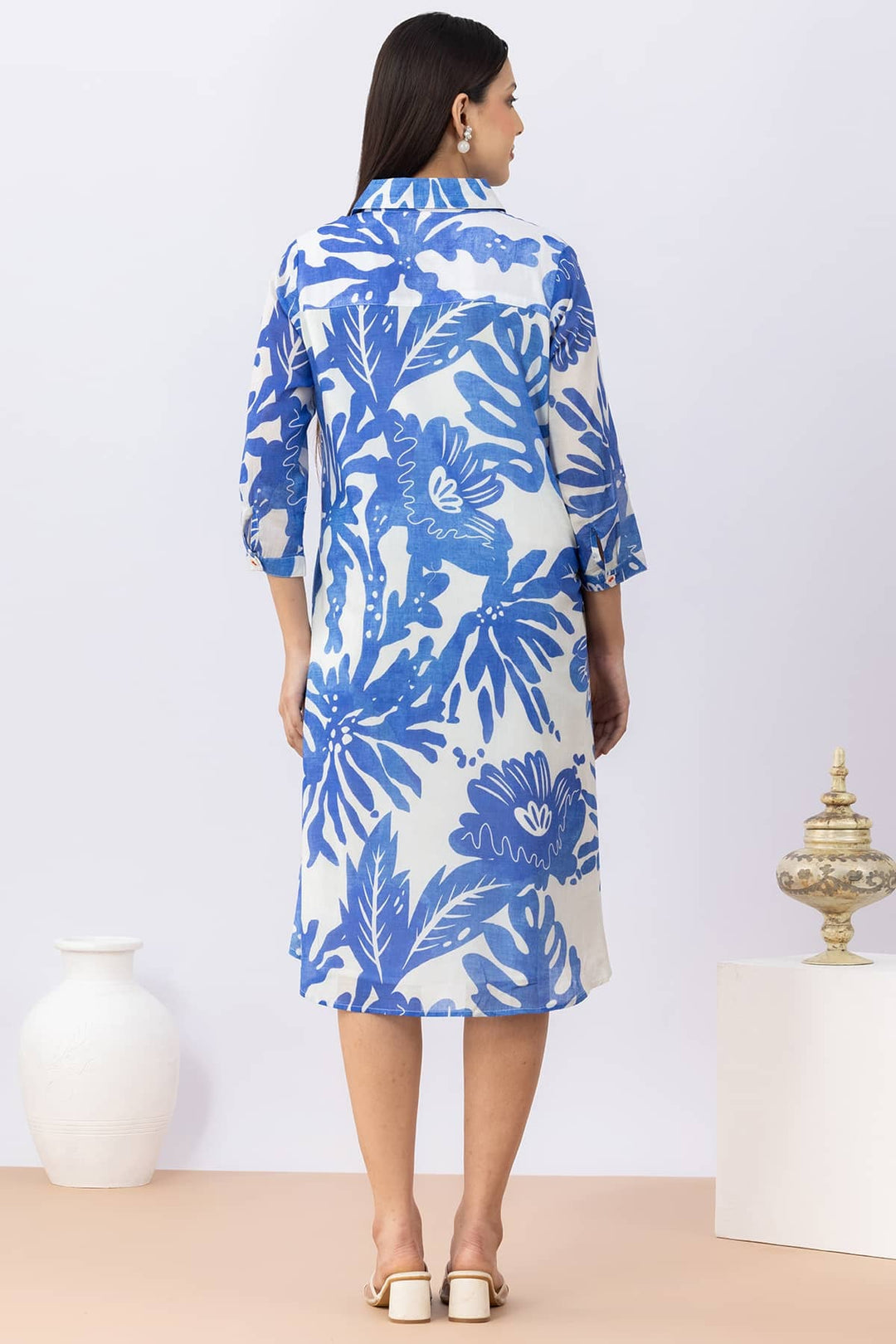 Blue Printed Cotton Dress with Collared Neck &amp; 3/4 Sleeves