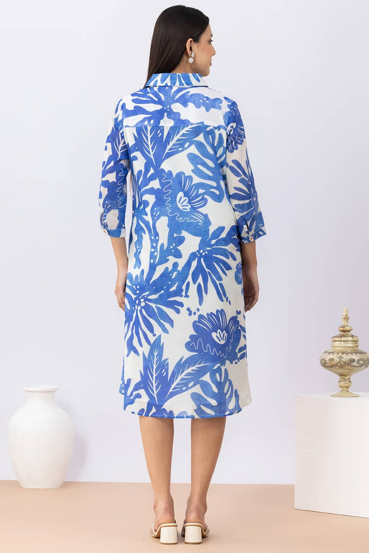 Blue Printed Cotton Dress with Collared Neck &amp; 3/4 Sleeves