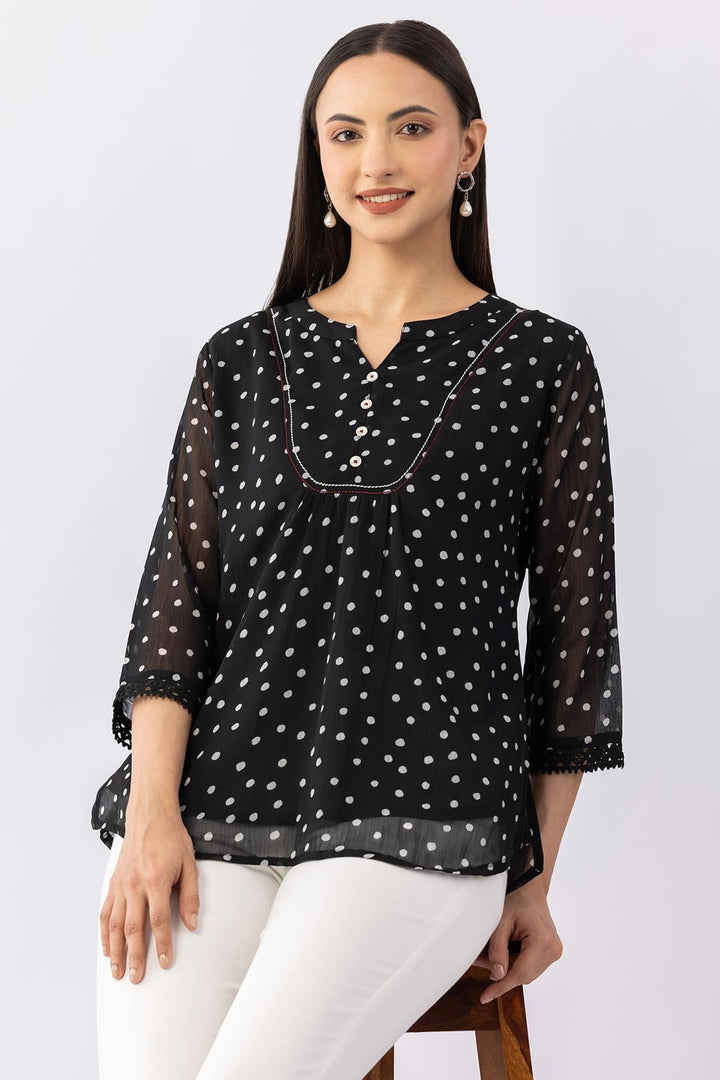 Printed Black Chiffon Top with Mandarin Collar &amp; 3/4 Sleeves