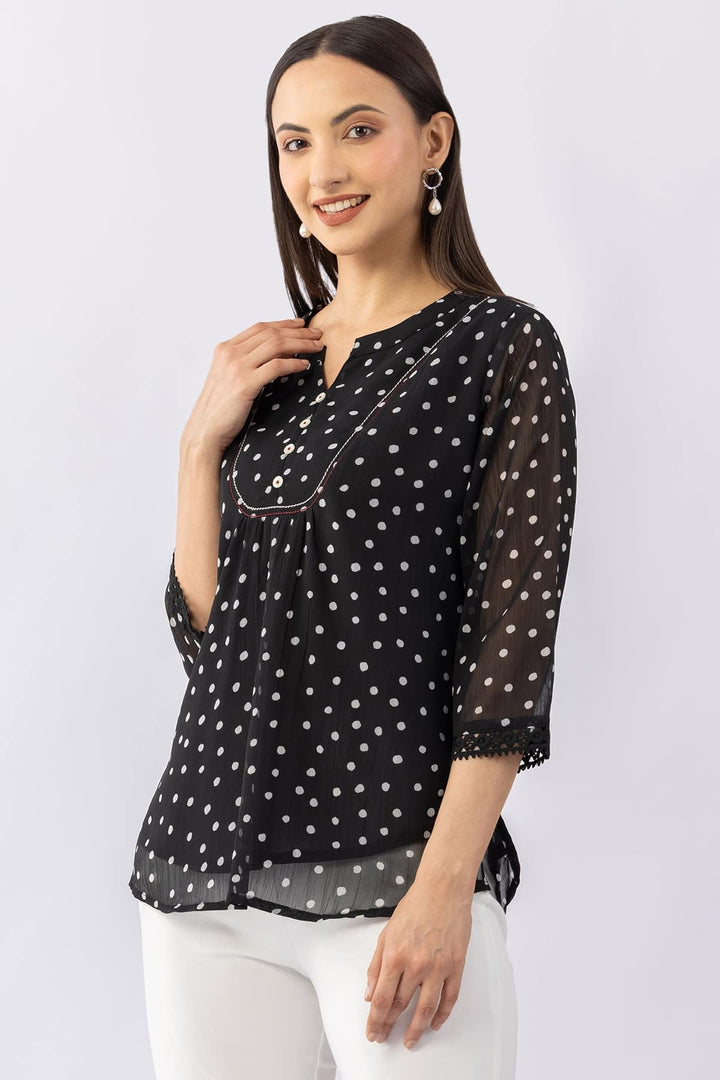 Printed Black Chiffon Top with Mandarin Collar &amp; 3/4 Sleeves