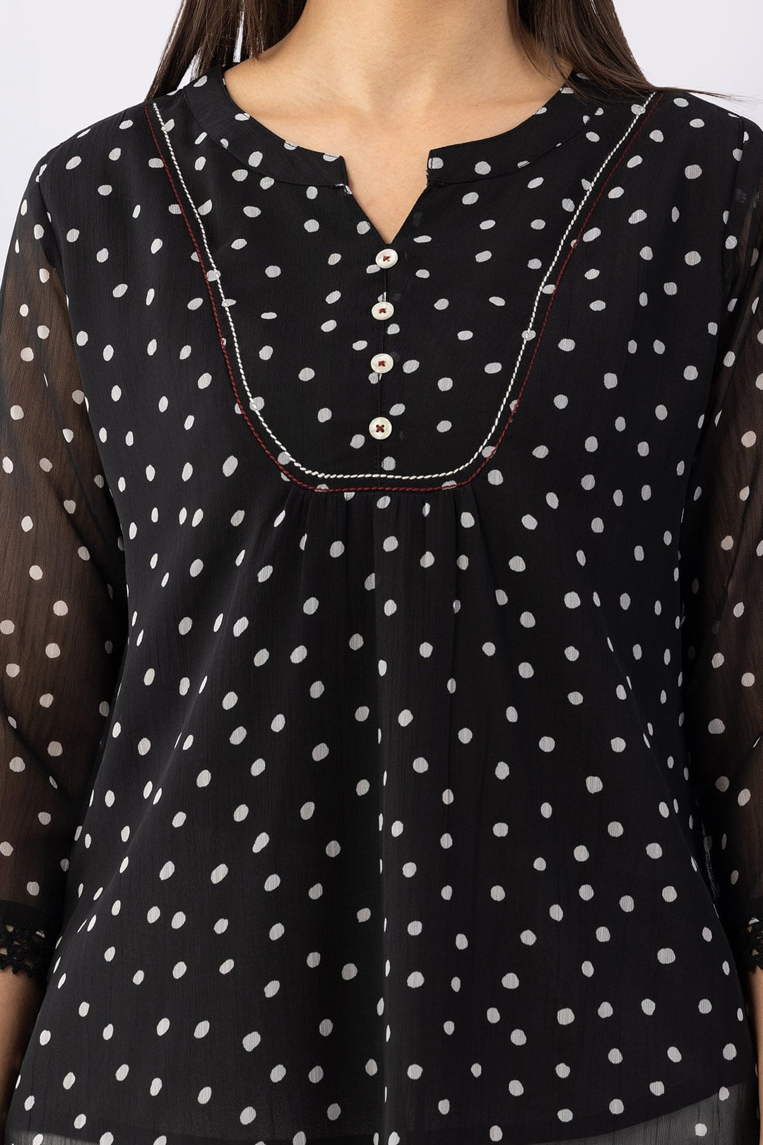 Printed Black Chiffon Top with Mandarin Collar &amp; 3/4 Sleeves