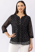 Printed Black Chiffon Top with Mandarin Collar & 3/4 Sleeves