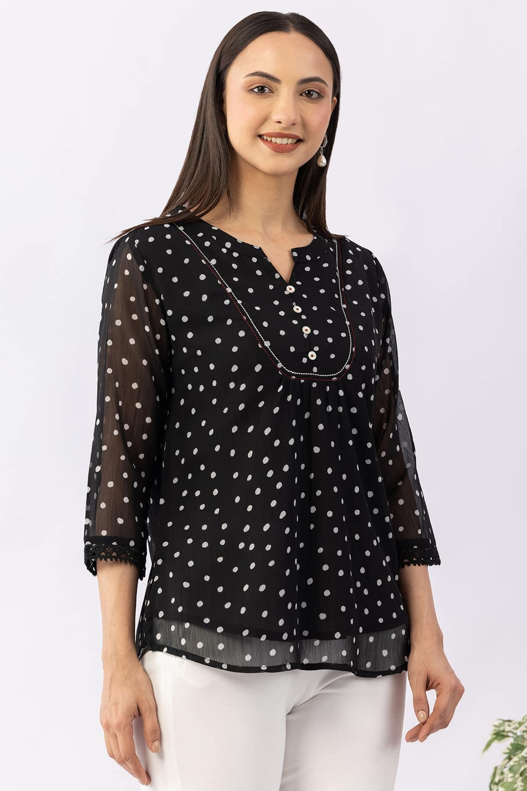 Printed Black Chiffon Top with Mandarin Collar &amp; 3/4 Sleeves