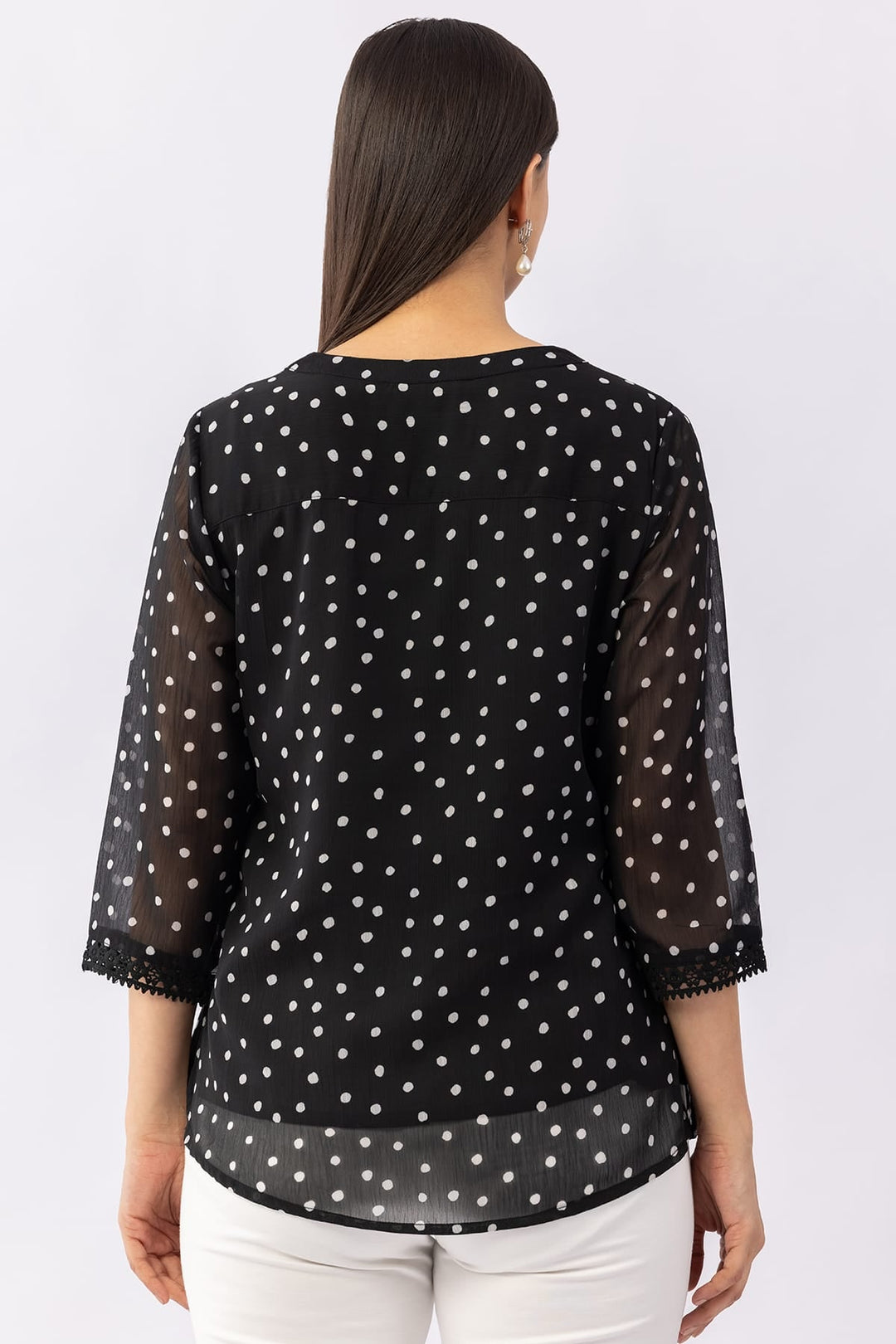 Printed Black Chiffon Top with Mandarin Collar &amp; 3/4 Sleeves