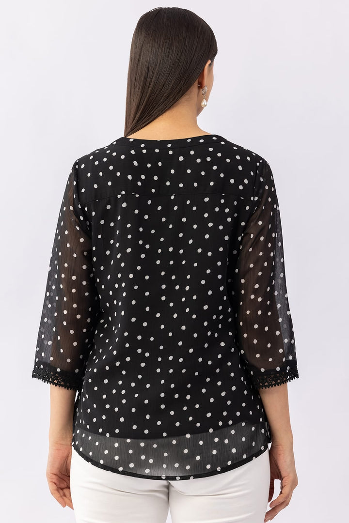 Printed Black Chiffon Top with Mandarin Collar &amp; 3/4 Sleeves