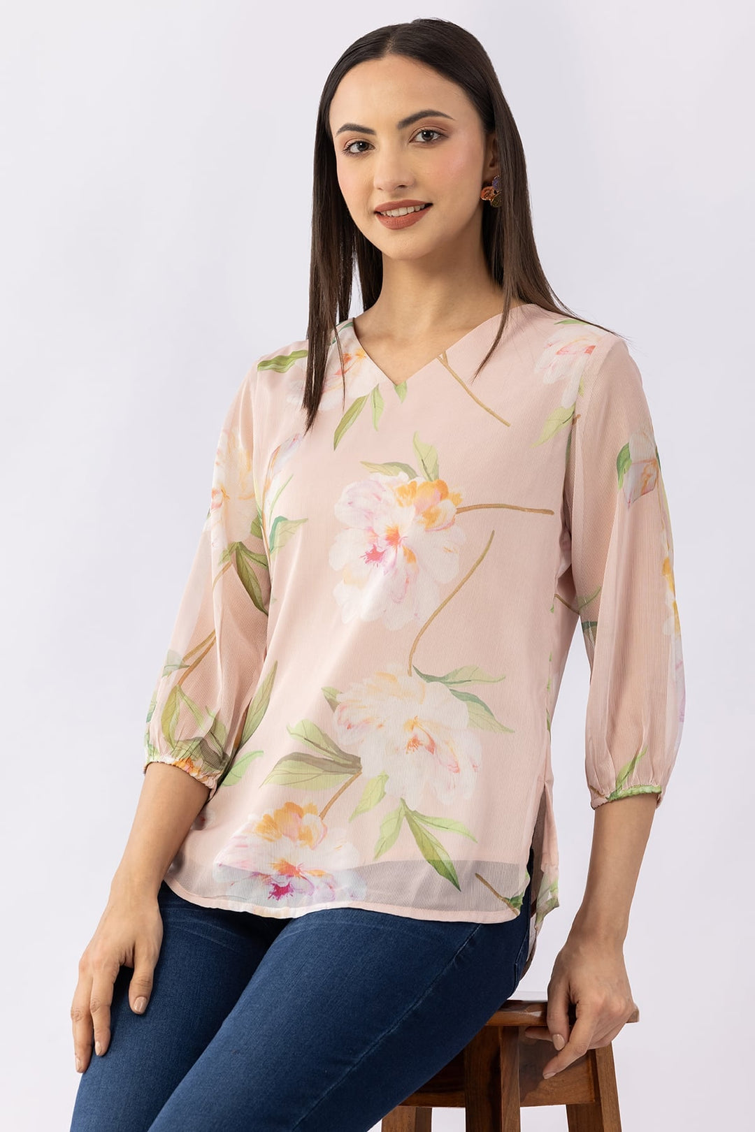 Printed Peach Chiffon Top with V Neck &amp; 3/4 Sleeves