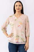 Printed Peach Chiffon Top with V Neck & 3/4 Sleeves
