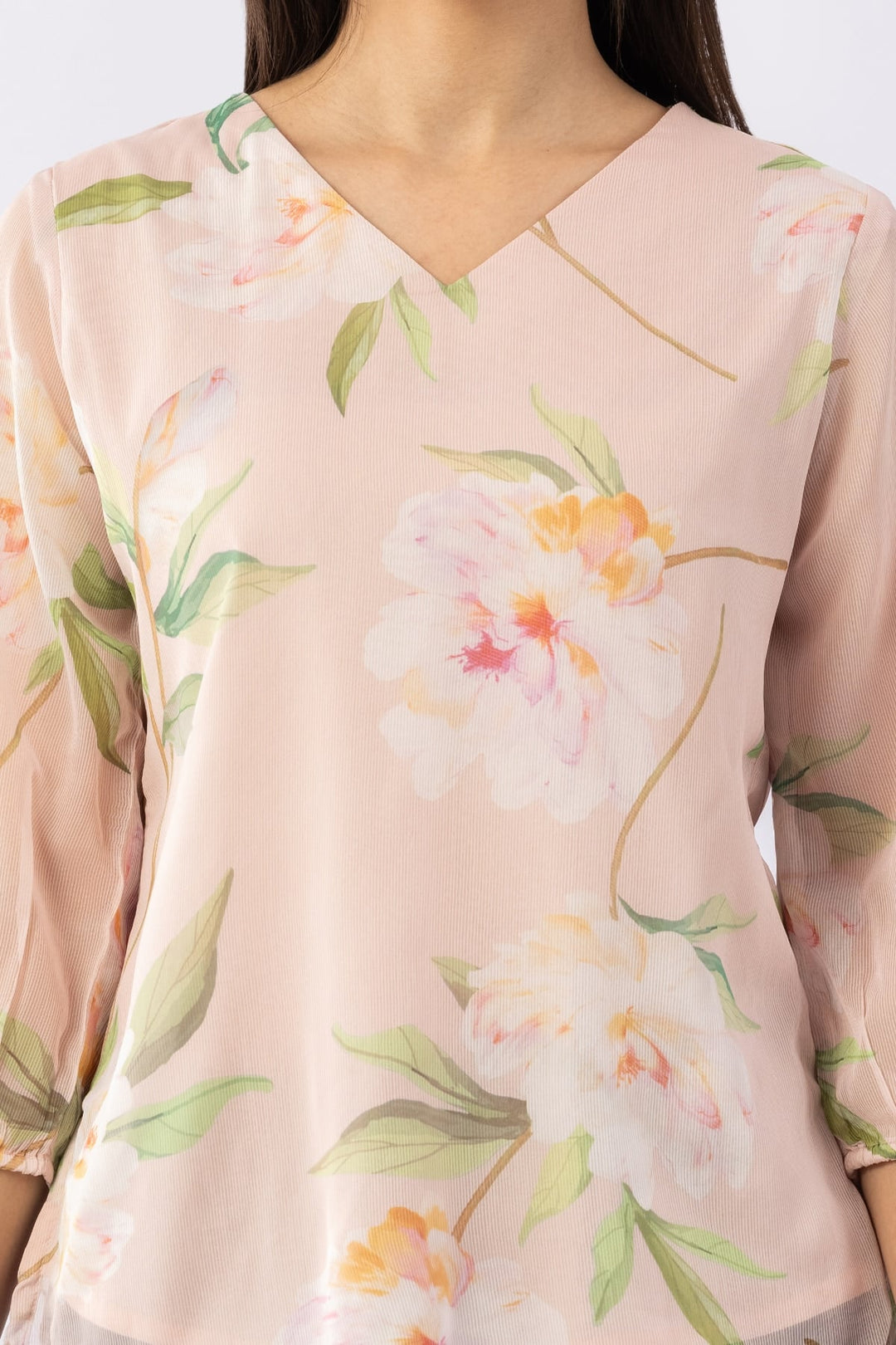 Printed Peach Chiffon Top with V Neck &amp; 3/4 Sleeves