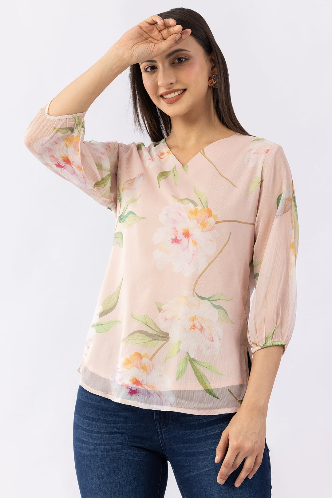 Printed Peach Chiffon Top with V Neck &amp; 3/4 Sleeves