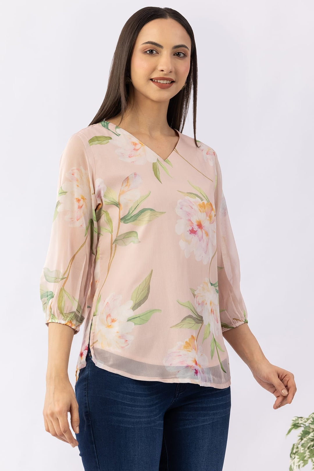 Printed Peach Chiffon Top with V Neck &amp; 3/4 Sleeves