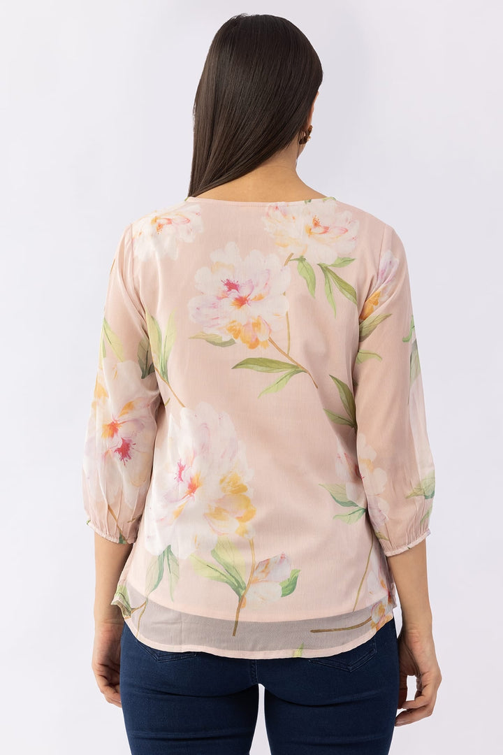 Printed Peach Chiffon Top with V Neck &amp; 3/4 Sleeves