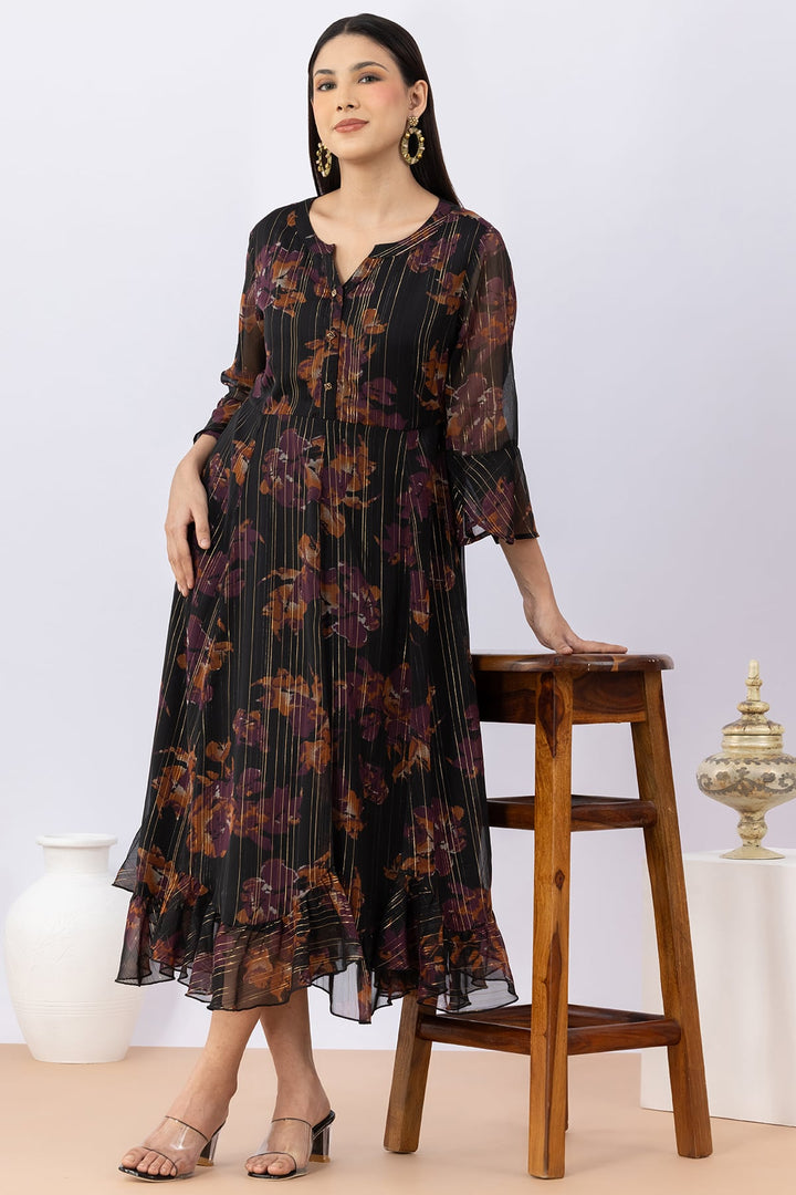 Printed Black Chiffon Lurex Dress with Round Neck