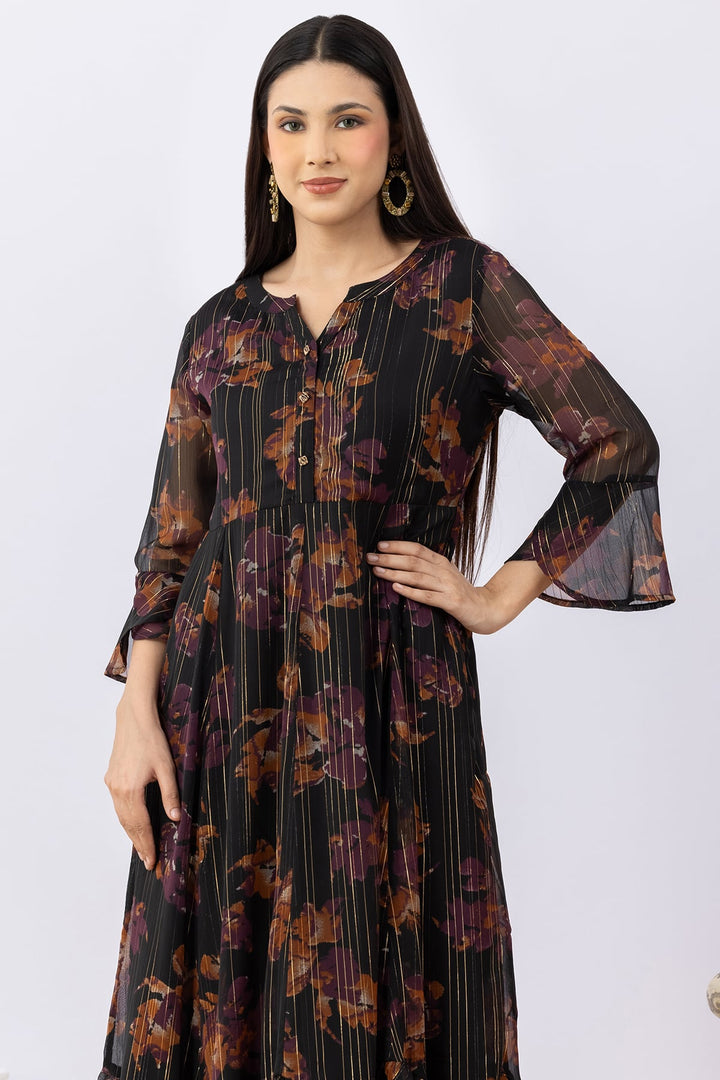 Printed Black Chiffon Lurex Dress with Round Neck