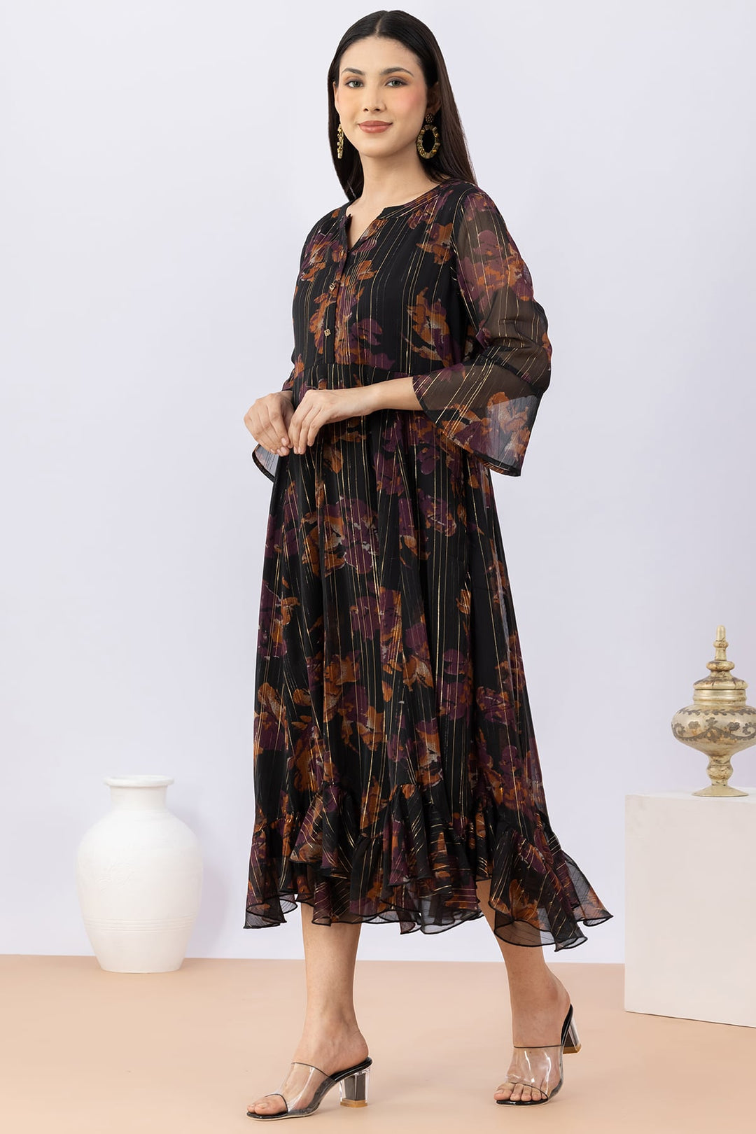 Printed Black Chiffon Lurex Dress with Round Neck