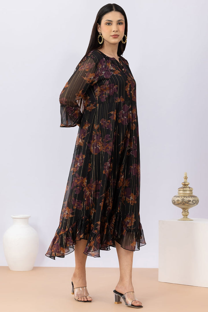 Printed Black Chiffon Lurex Dress with Round Neck