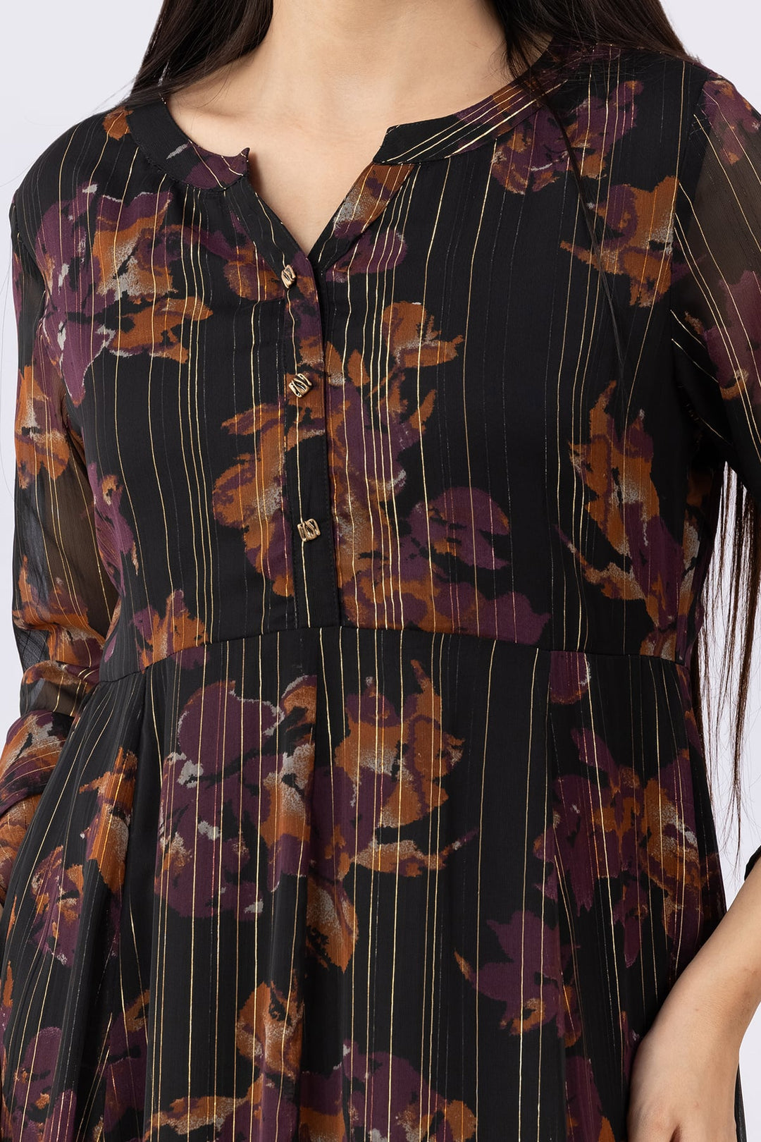 Printed Black Chiffon Lurex Dress with Round Neck