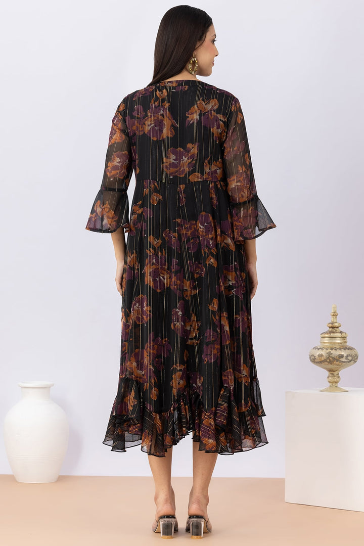 Printed Black Chiffon Lurex Dress with Round Neck
