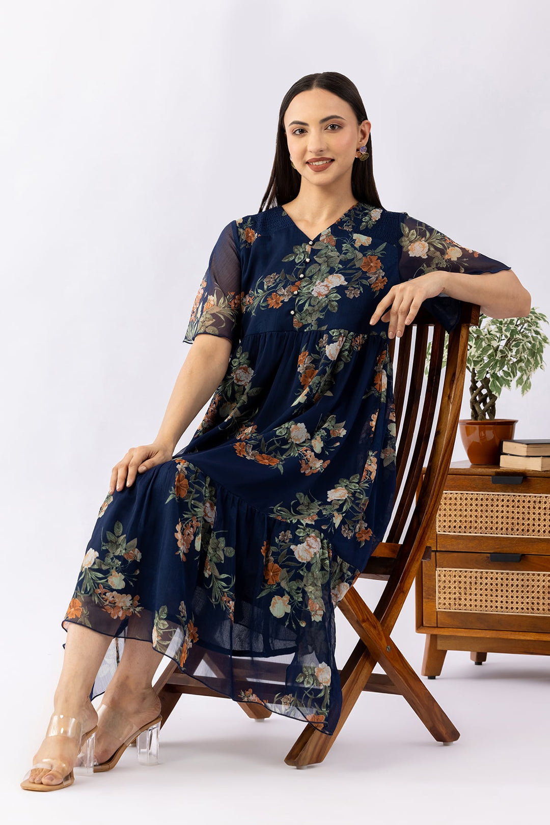 Indigo Printed Chiffon Dress with V Neck &amp; Half Sleeves