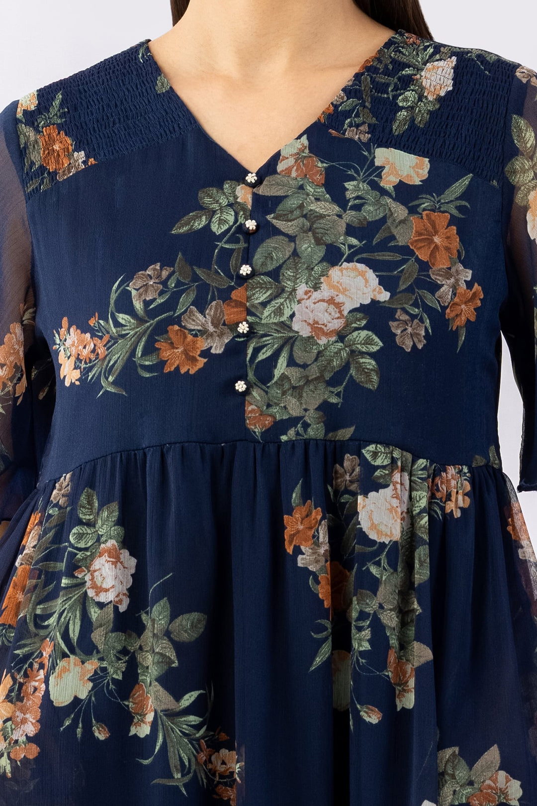 Indigo Printed Chiffon Dress with V Neck &amp; Half Sleeves