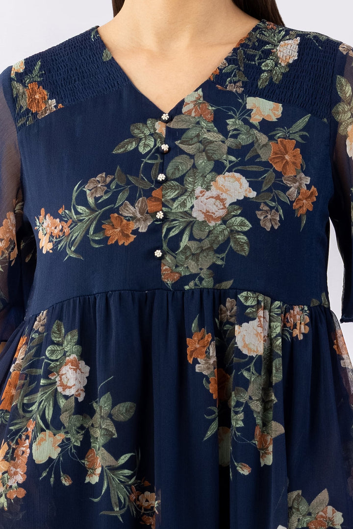 Indigo Printed Chiffon Dress with V Neck &amp; Half Sleeves