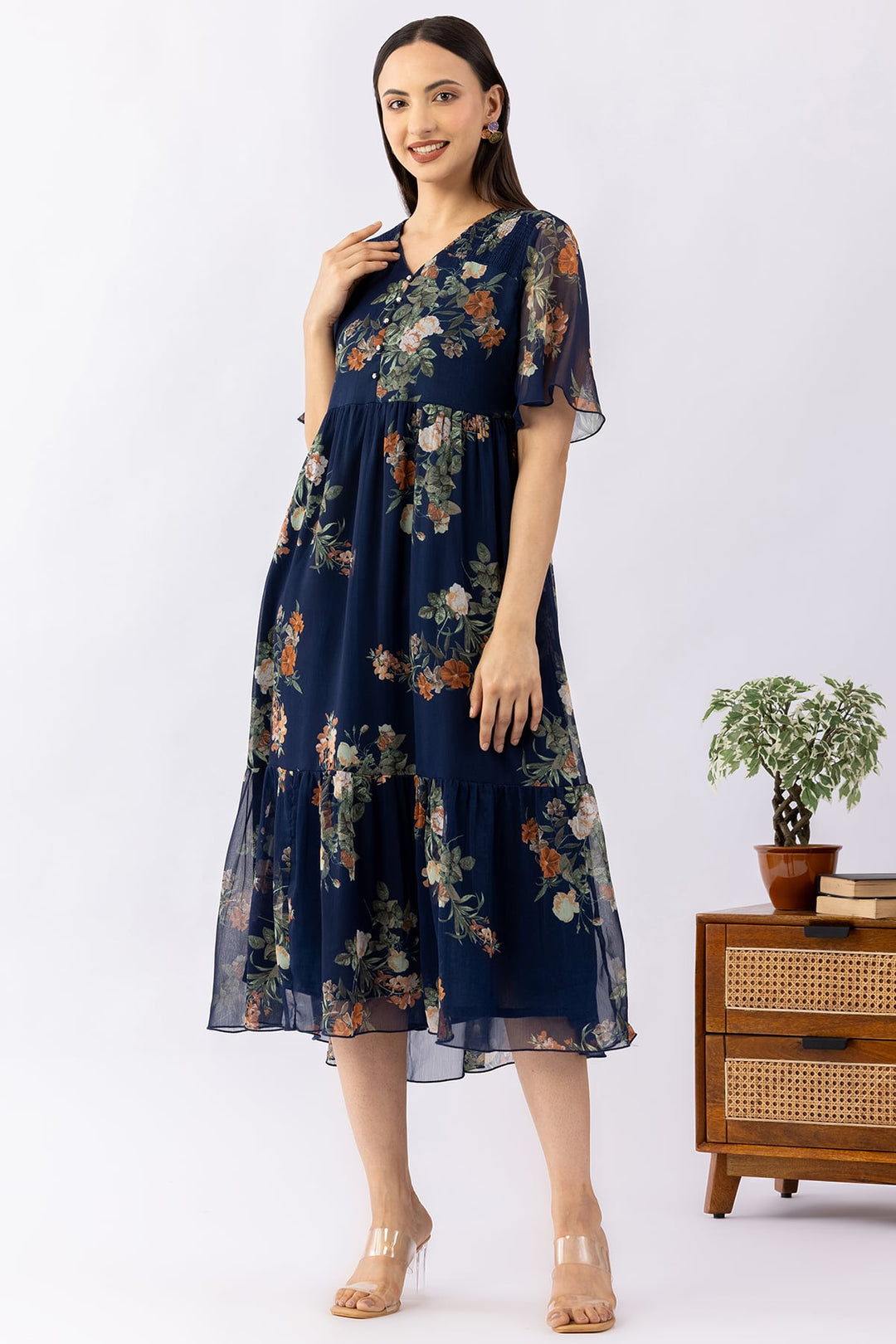 Indigo Printed Chiffon Dress with V Neck &amp; Half Sleeves