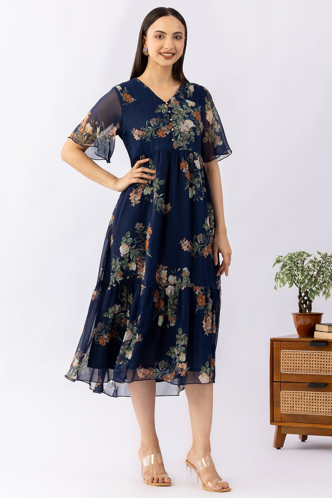 Indigo Printed Chiffon Dress with V Neck &amp; Half Sleeves
