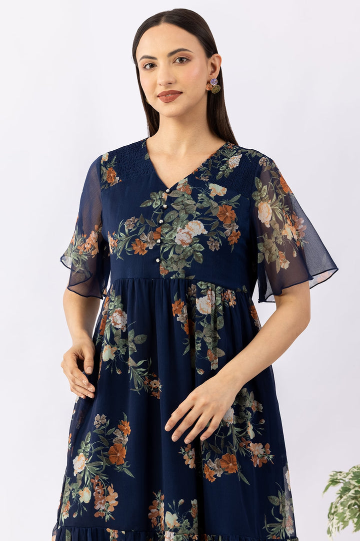Indigo Printed Chiffon Dress with V Neck &amp; Half Sleeves