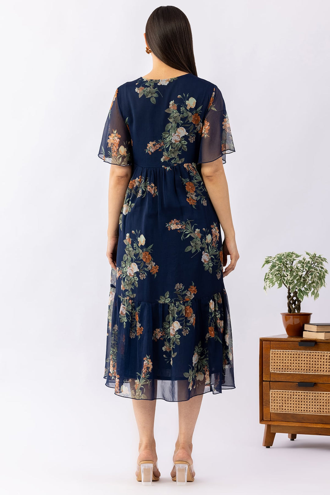 Indigo Printed Chiffon Dress with V Neck &amp; Half Sleeves