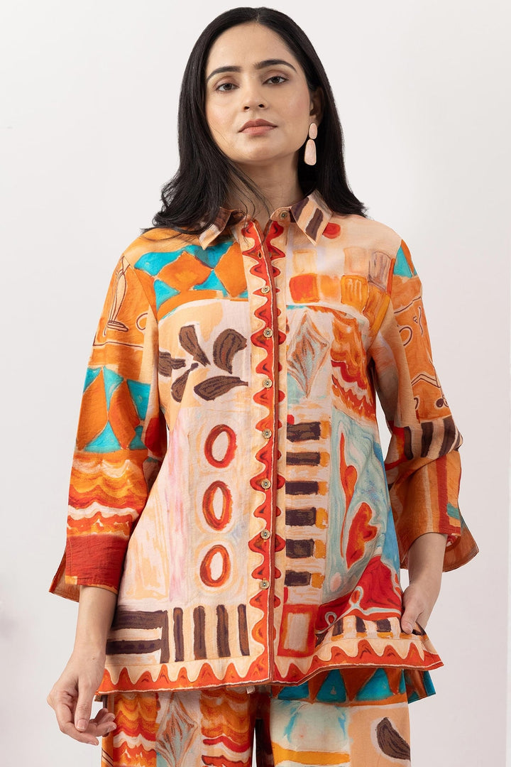 printed co ord set for women multicolour viscose collared neck 3/4 sleeves