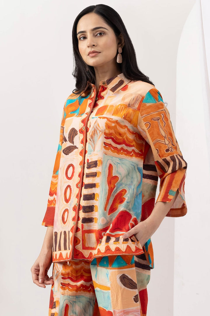printed co ord set for women multicolour viscose collared neck 3/4 sleeves