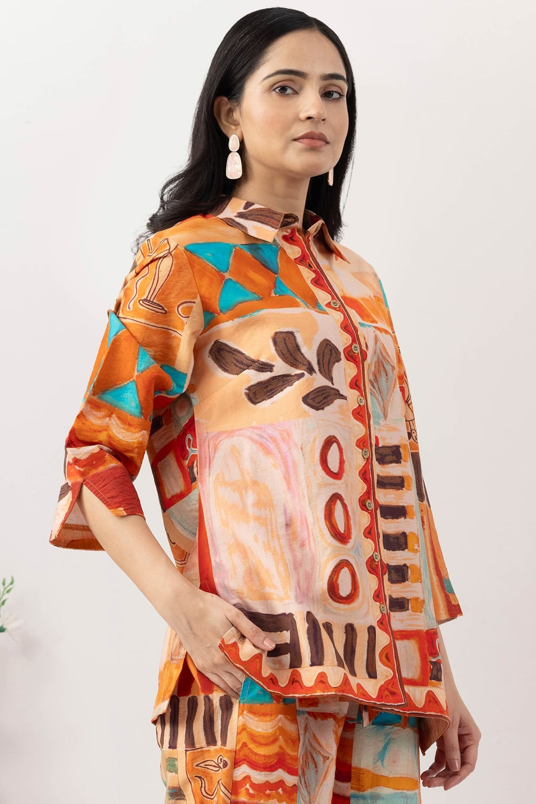 printed co ord set for women multicolour viscose collared neck 3/4 sleeves