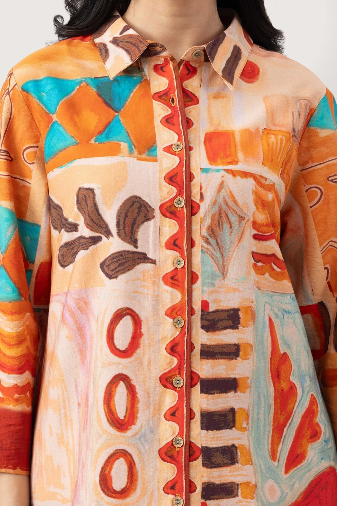 printed co ord set for women multicolour viscose collared neck 3/4 sleeves