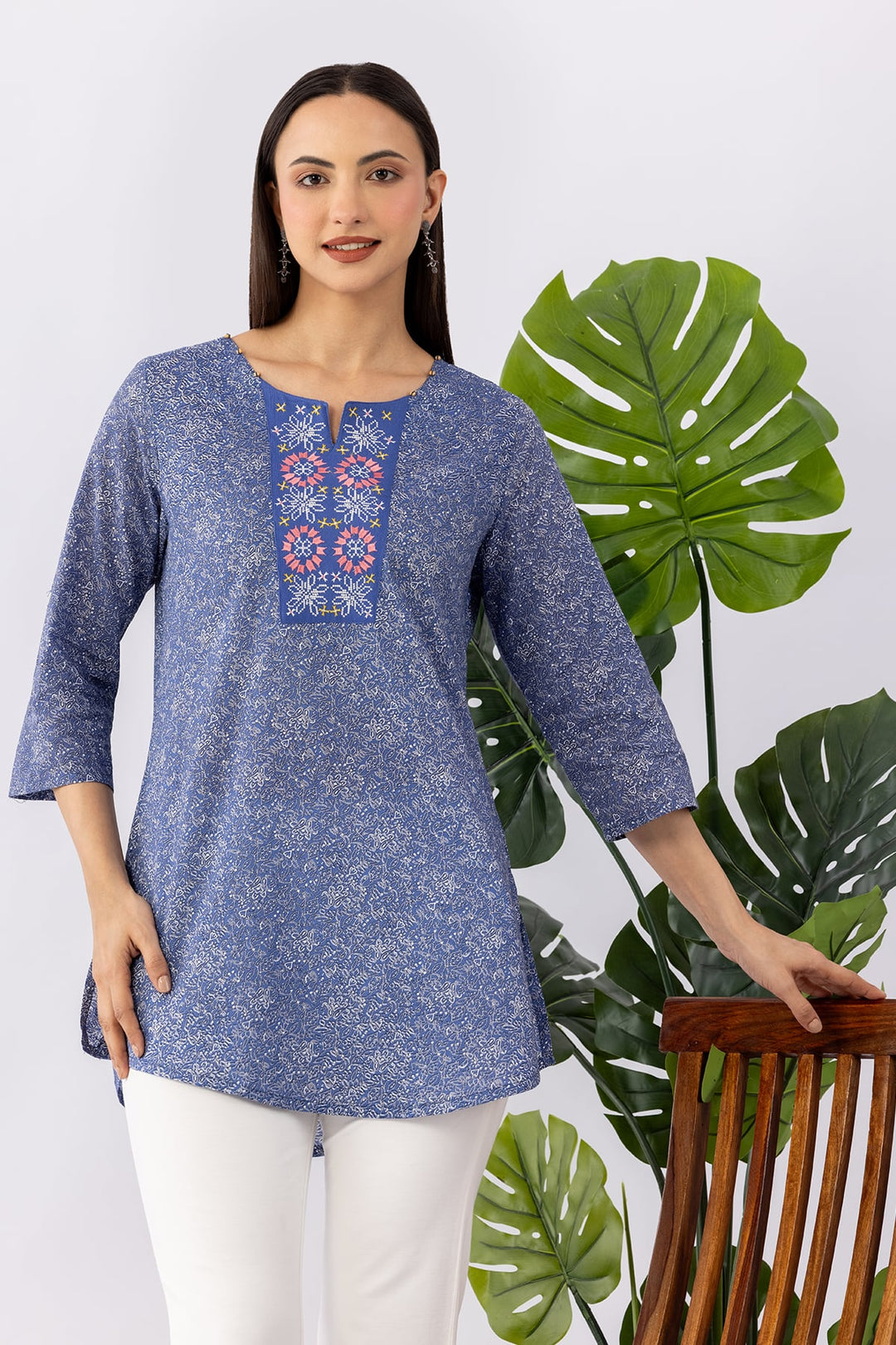 Blue Embroidered Tunic with Round Neck &amp; 3/4 Sleeves