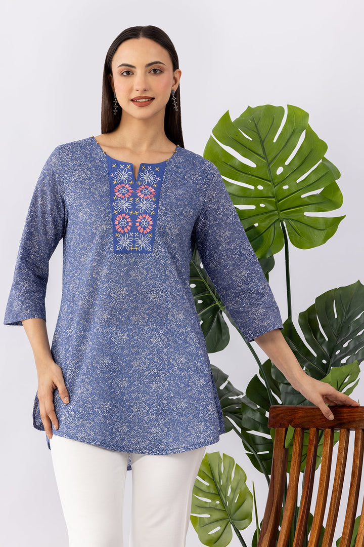 Blue Embroidered Tunic with Round Neck &amp; 3/4 Sleeves