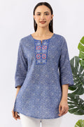 Blue Embroidered Tunic with Round Neck & 3/4 Sleeves