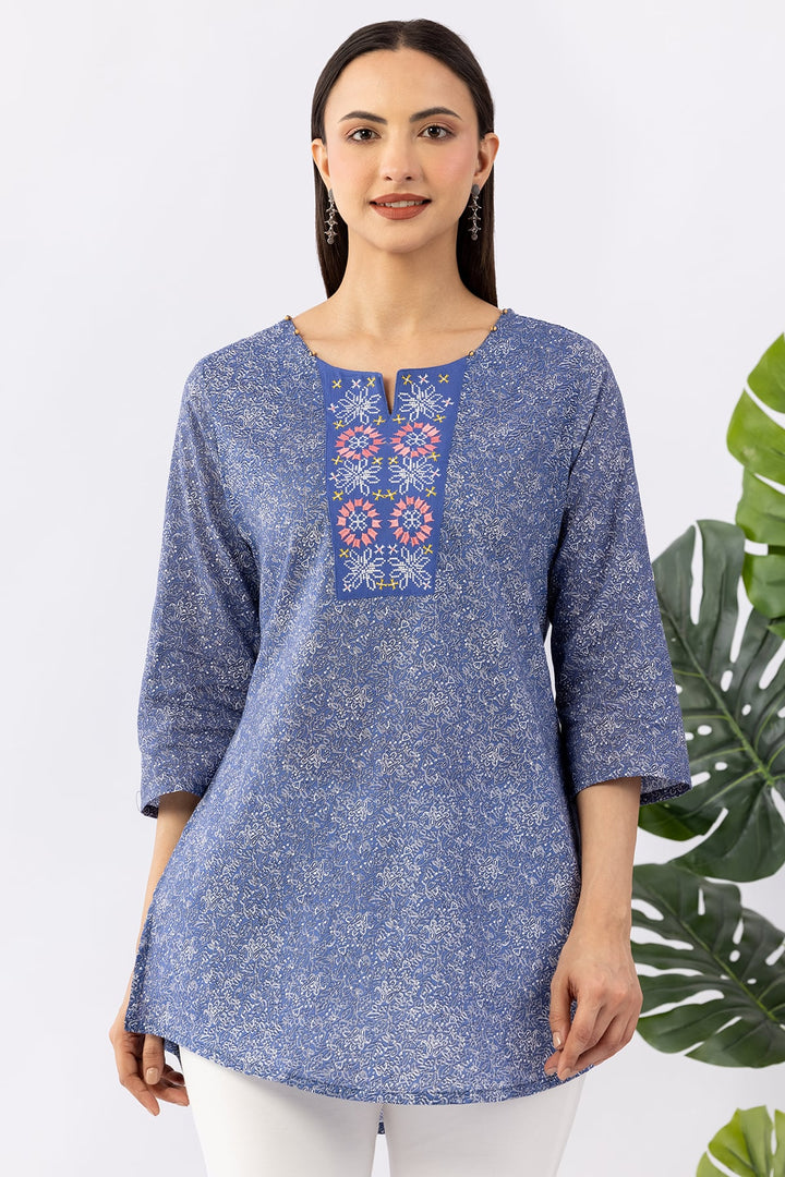 Blue Embroidered Tunic with Round Neck &amp; 3/4 Sleeves
