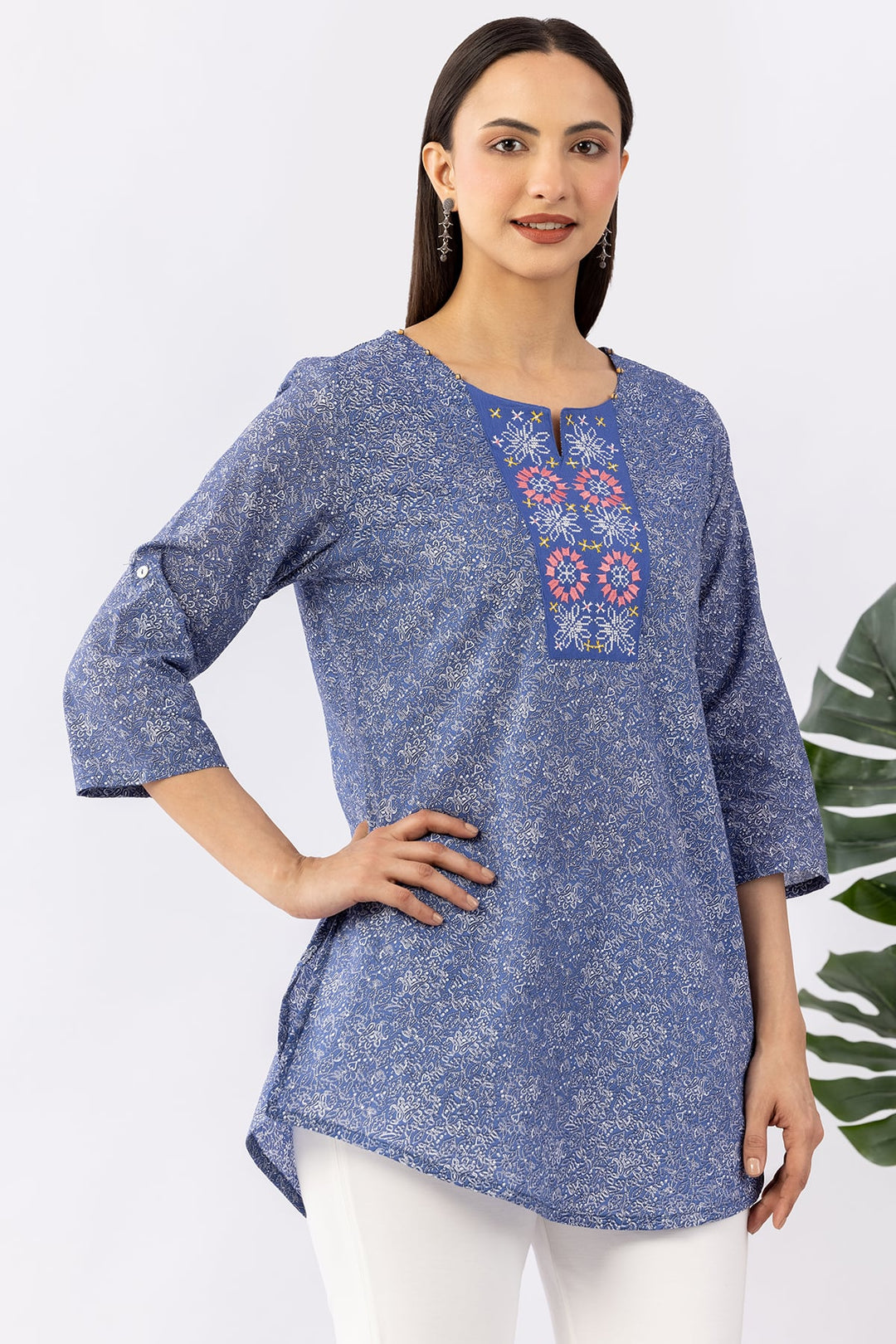 Blue Embroidered Tunic with Round Neck &amp; 3/4 Sleeves