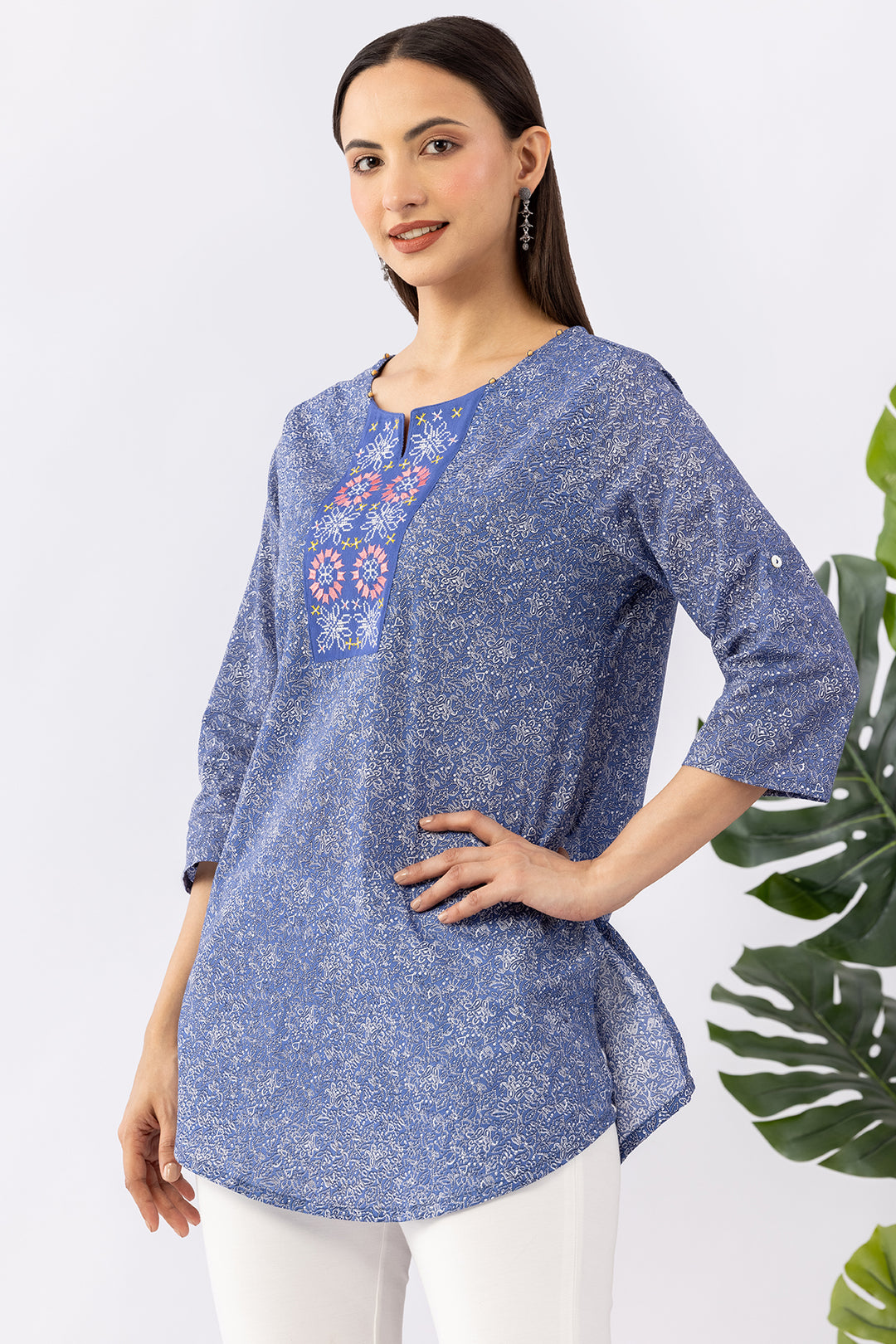 Blue Embroidered Tunic with Round Neck &amp; 3/4 Sleeves