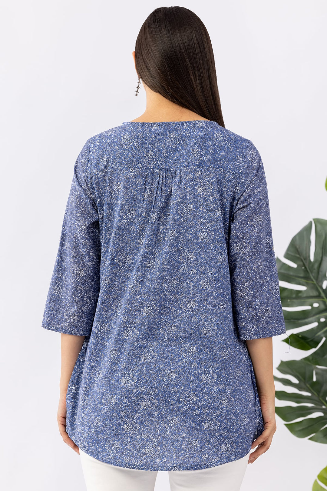 Blue Embroidered Tunic with Round Neck &amp; 3/4 Sleeves